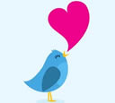 An illustration of the bird used in the Twitter logo singing a love song